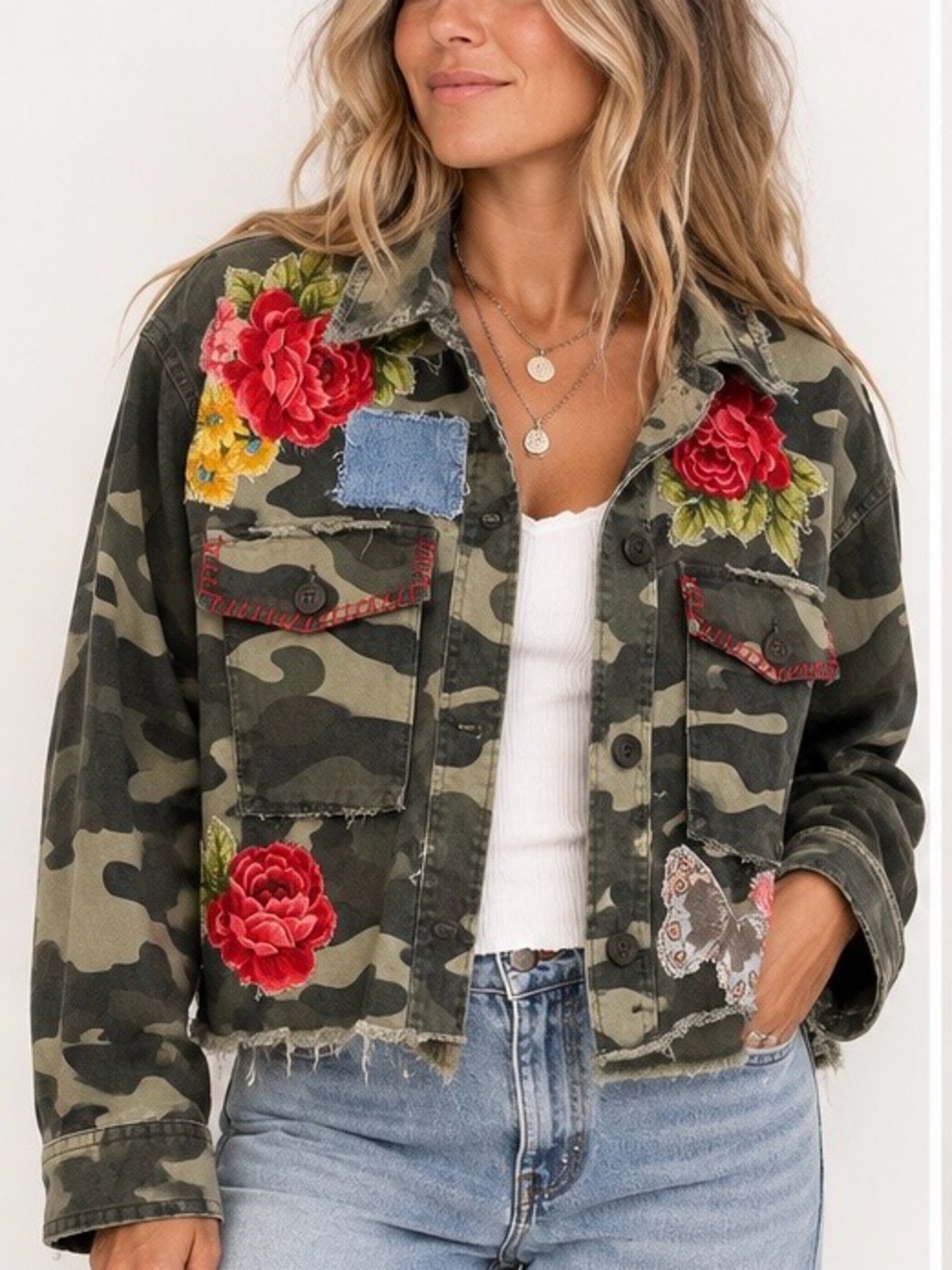 Upcycled Camo Utility Jacket with Floral Embroidery